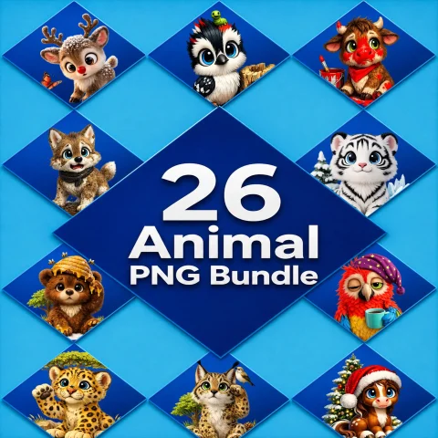 Animal PNG Bundle, 26 Cute Animal Designs, Sublimation for T-Shirt & Mug, POD Clipart, Transparent PNG