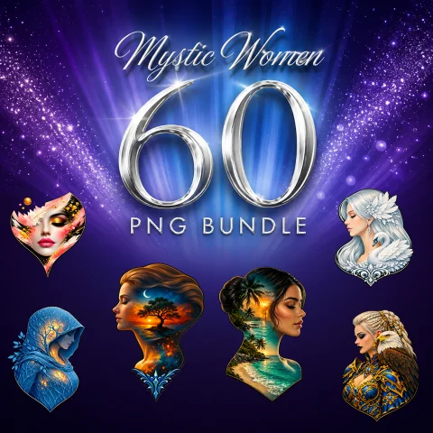 Mystic Women PNG Bundle, 60 Fantasy Female Sublimation Designs, Dark Feminine Clipart, T-Shirt & Mug Design, Transparent PNG