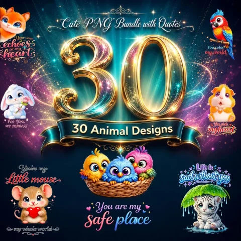 30 Animal Sublimation Designs, Cute PNG Bundle with Quotes, T-Shirt & Mug Design, POD Graphics